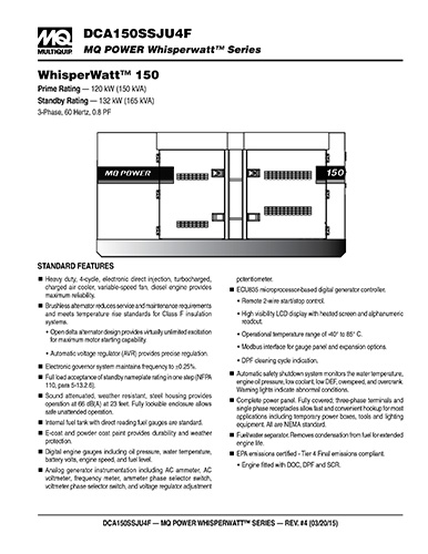 DCA150 SSJU4 F3 Generator Data Sheet